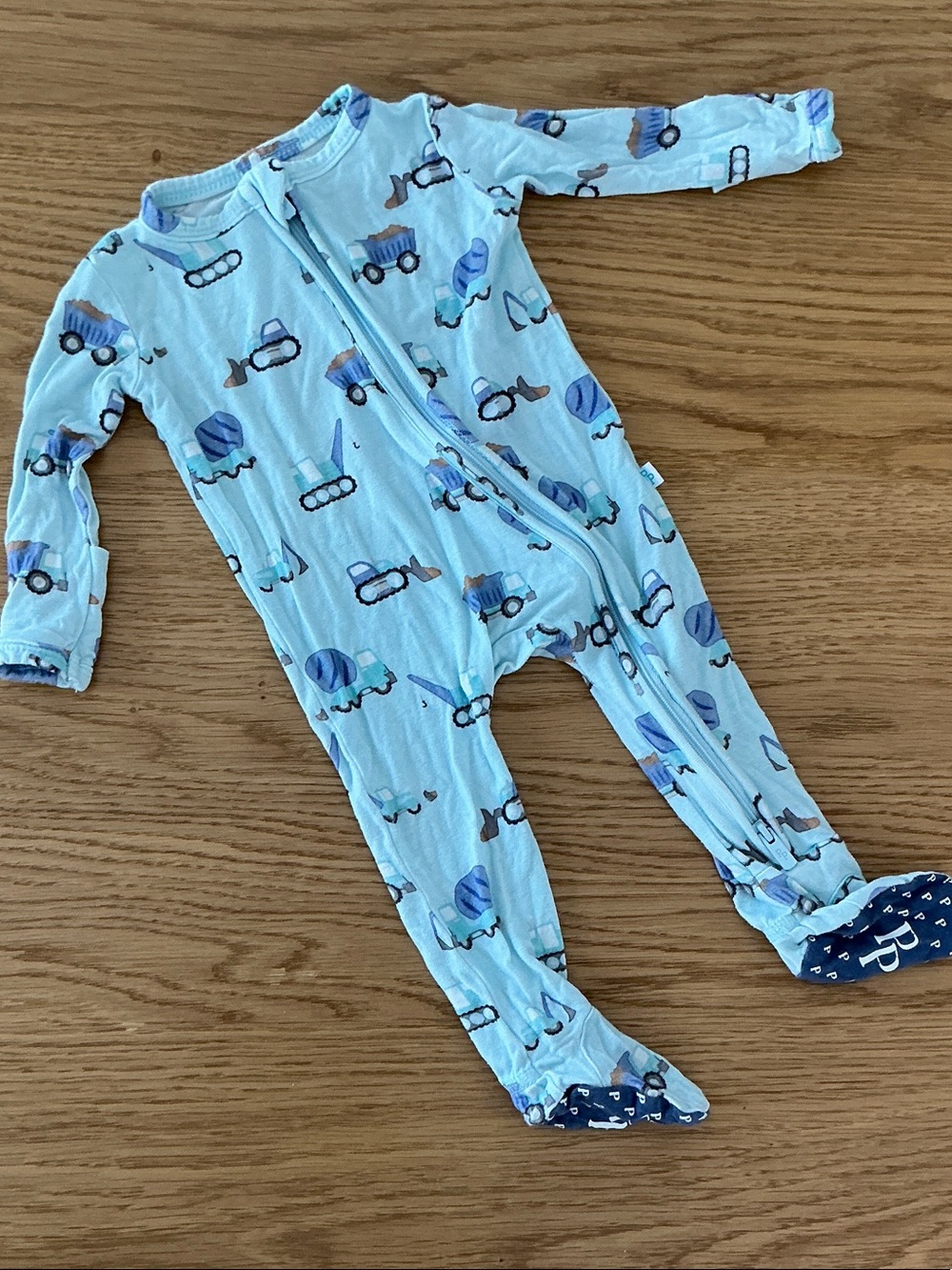 Posh Peanut Light Blue Footed One-Piece with Vehicle Print